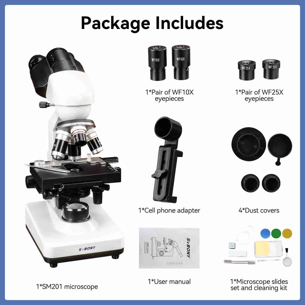 SM201 Binocular Compound Lab Microscope 40-2500x Magnification With Phone Adapter For Teaching Experiment & Biological Detection