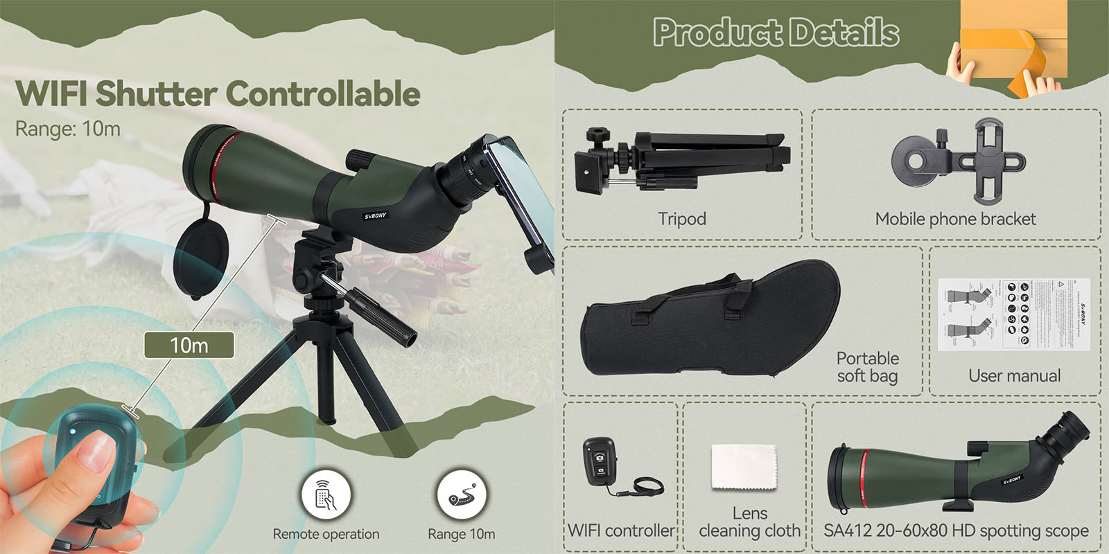 SA412 Spotting Scope 20-60X80mm HD FMC 1.25inch With Mobile Phone Bracket &  Bluetooth Shutter For Middle-range Shooting